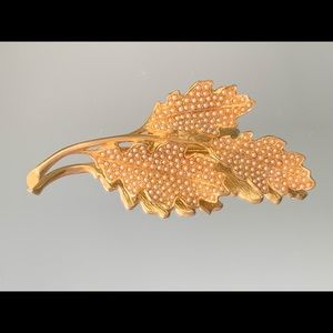 Gold Tone Leaf Brooch with Seed Pearls, Fall Pin